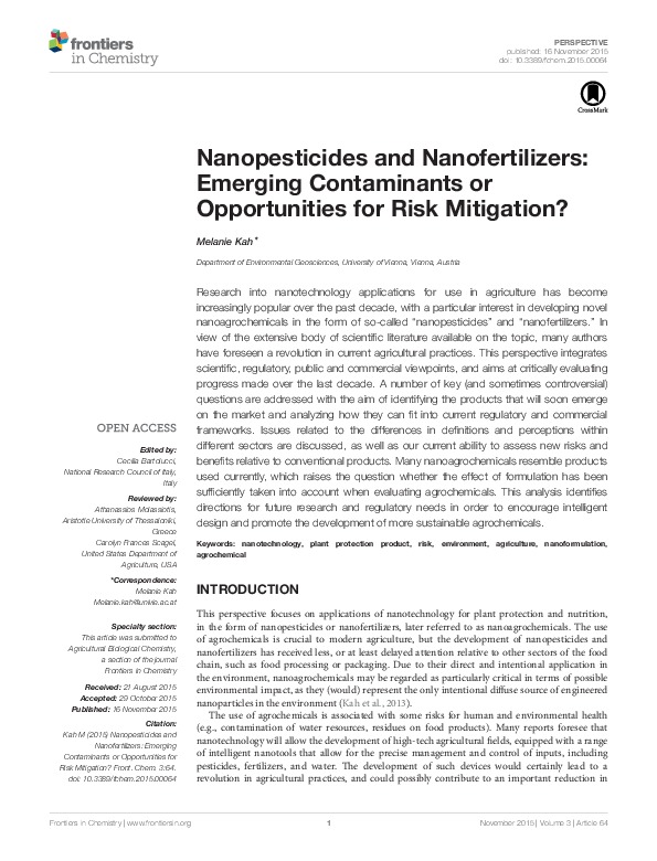 Nanopesticides and Nanofertilizers: Emerging Contaminants or Opportunities for Risk Mitigation?