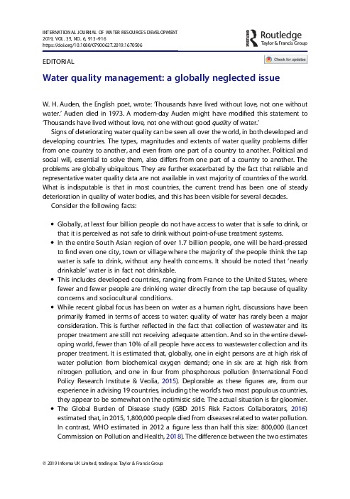 Water Quality Management: A Globally Neglected Issue