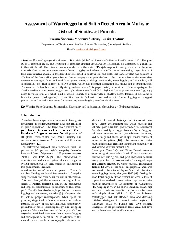 Assessment of Waterlogged and Salt Affected Area in Muktsar District of Southwest Punjab.