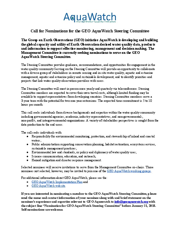 Call for Nominations for the GEO AquaWatch Steering Committee &nbsp;AquaWatch, the Group on Earth Observations (GEO) initiative is developing an...