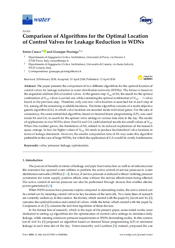 Comparison of Algorithms for the Optimal Location of Control Valves for Leakage Reduction in WDNs