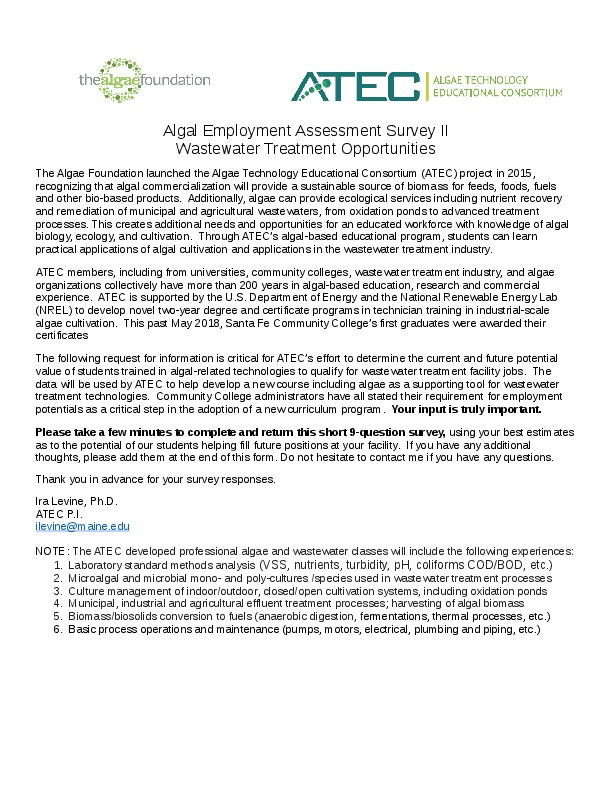 We need your input.Your feedback is critical for the Algae Technology Educational Consortium&rsquo;s (ATEC) effort to determine the current and ...