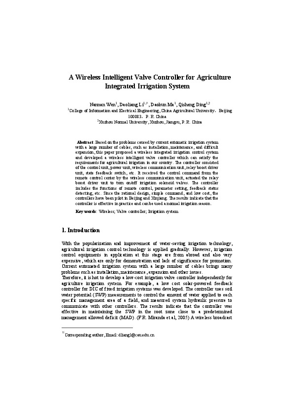 A Wireless Intelligent Valve Controller for Agriculture Integrated Irrigation System