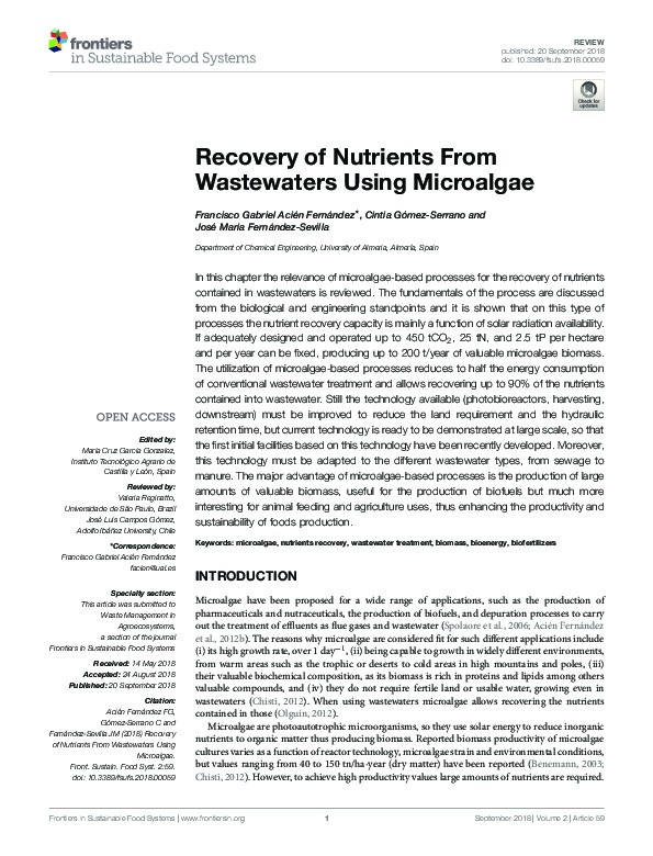 Recovery of Nutrients From Wastewaters Using Microalgae