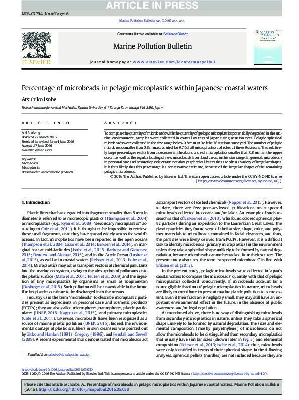 Percentage of microbeads in pelagic microplastics within Japanese coastal waters