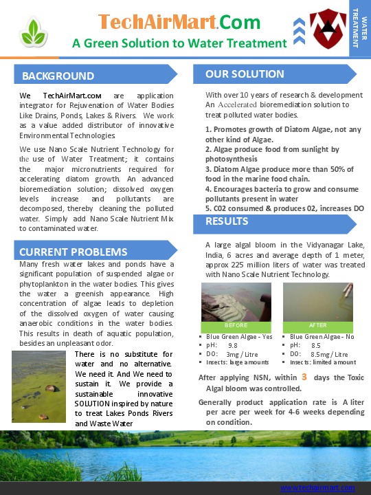 Dear All, We have developed a technology to clean contaminated Drains Ponds Lakes and Rivers. Please go through the attachment for details. Mahe...