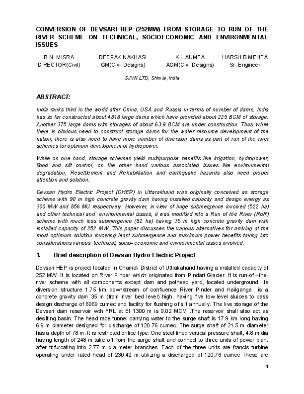 CONVERSION OF DEVSARI HEP (252MW) FROM STORAGE TO RUN OF THE RIVER SCHEME ON TECHNICAL, SOCIOECONOMIC AND ENVIRONMENTAL ISSUES