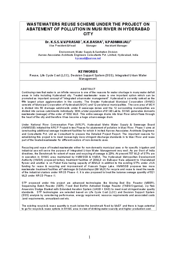 WASTEWATERS REUSE SCHEME UNDER THE PROJECT ON ABATEMENT OF POLLUTION IN MUSI RIVER IN HYDERABAD CITY