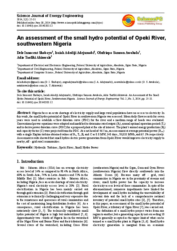 An Assessment Of The Small Hydro Potential Of Opeki River, Southwestern Nigeria - 2014