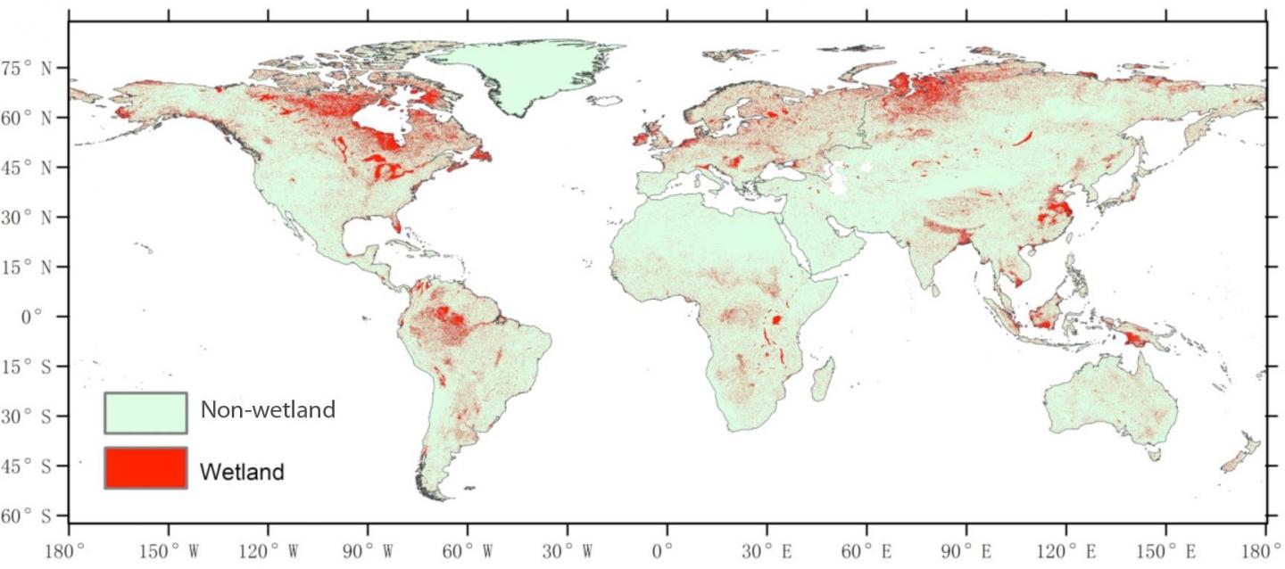 Chinese scientists create new global wetland suitability map - This figure shows a global wetland suitability model. Wetlands are among the most...
