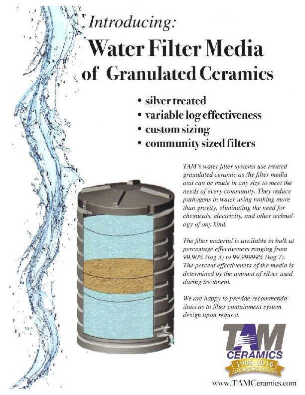 Announcing water filter media of granulated ceramics.&nbsp; The accompanying brochure introduces the silver treated water filtration material of...