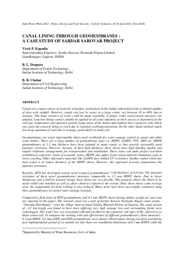 Canal Lining Through Geomembranes: A Case Study of Sardar Sarovar Project