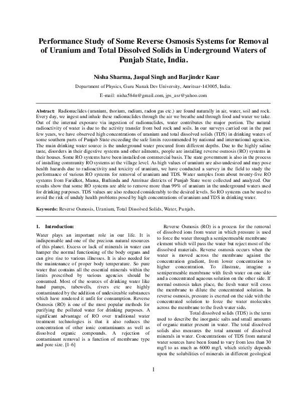 Performance Study of Some Reverse Osmosis Systems for Removal of Uranium and Total Dissolved Solids in Underground Waters of Punjab State, India.