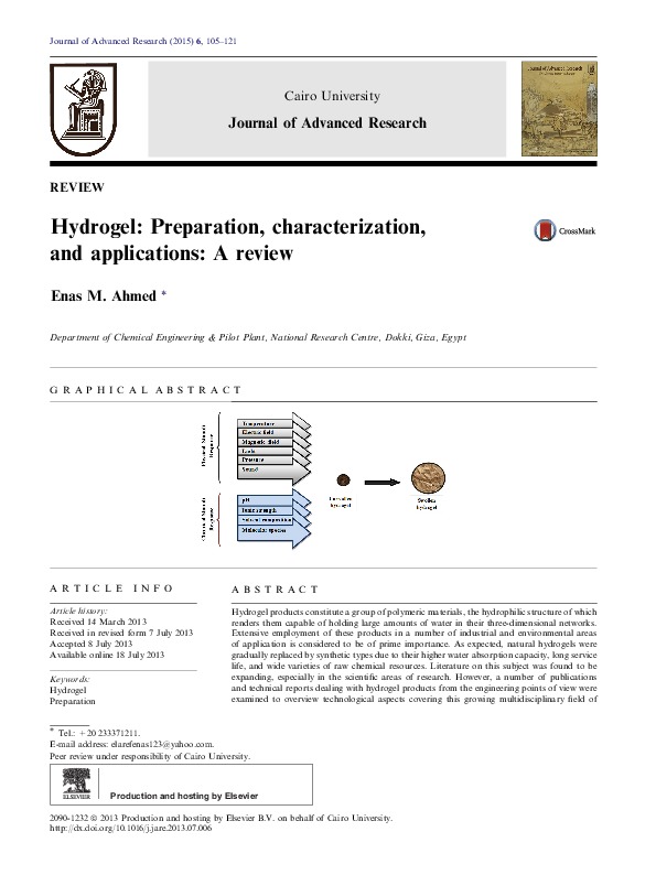 Hydrogel: Preparation, characterization, and applications: A review