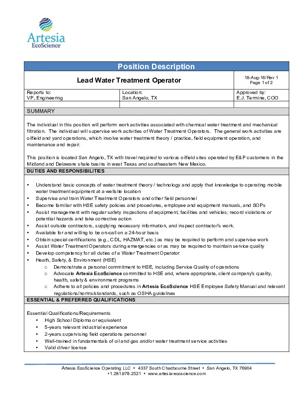 Lead Water Treatment Operator