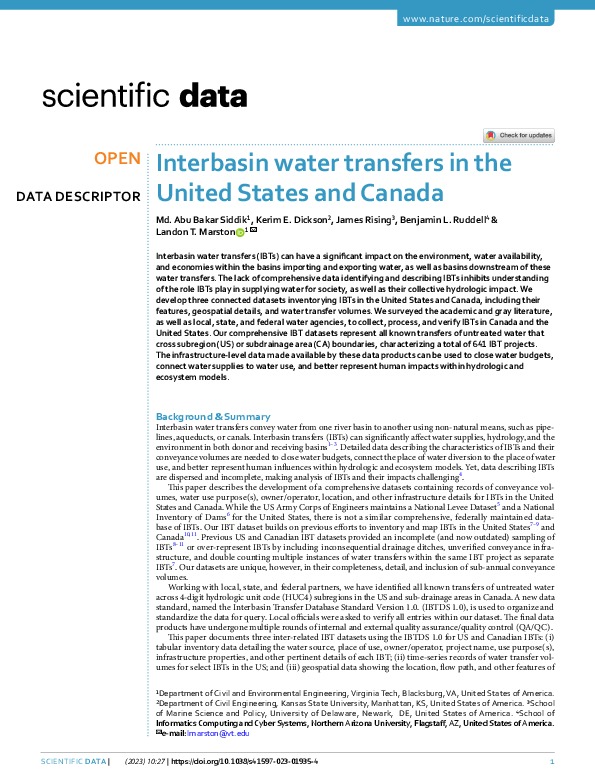 Interbasin water transfers in the United States and Canada