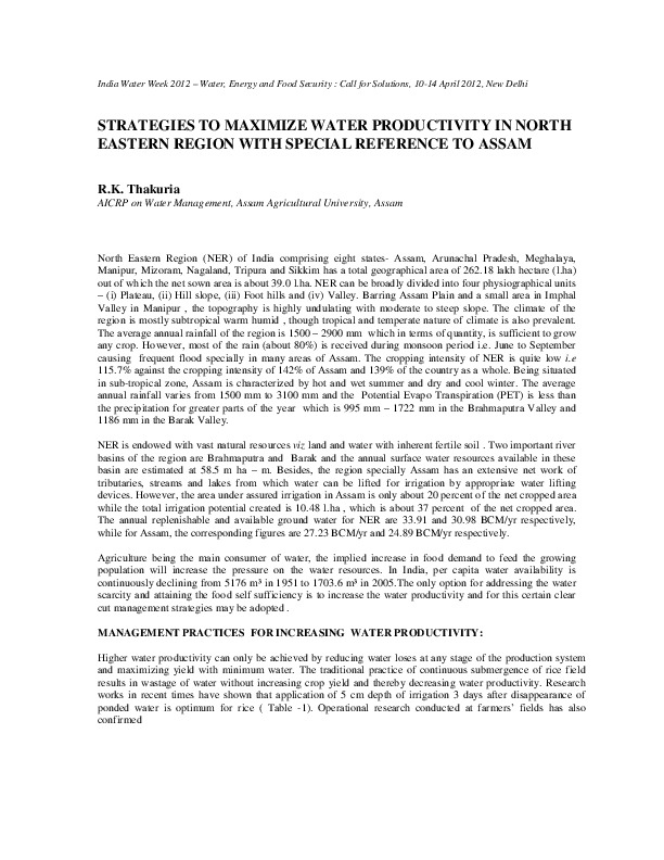Strategies to Maximize Water Productivity in North Eastern Region With Special Reference to Assam