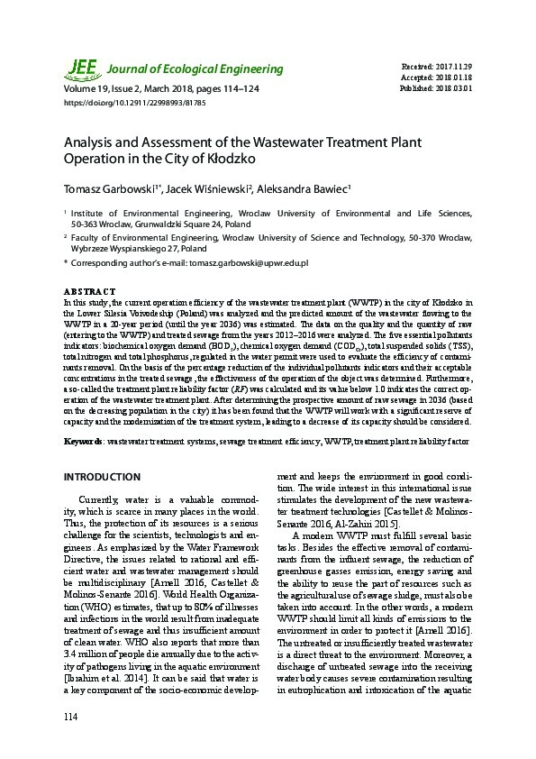 Analysis and ​Assessment of ​the Wastewater ​Treatment Plant ​Operation: Case ​Study from ​Poland ​