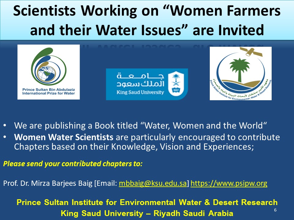 SCIENTISTS WORKING ON THE WATER ISSUES FACED BY THE WOMEN ARE REQUESTED TO CONTRIBUTE THEIR CHAPTERS TO OUR BOOK TITLED "WATER WOMEN AND THE WOR...
