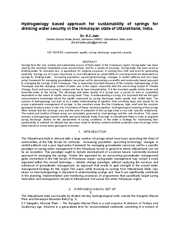 Hydrogeology based approach for sustainability of springs for drinking water security in the Himalayan state of Uttarakhand, India