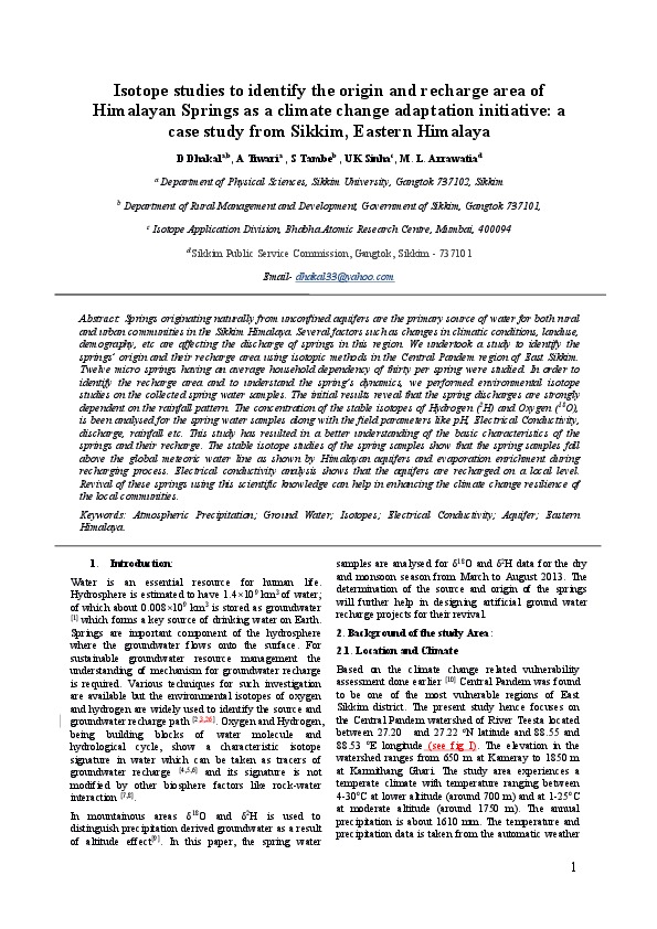 Isotope studies to identify the origin and recharge area of Himalayan Springs as a climate change adaptation initiative: a case study from Sikkim, Eastern Himalaya