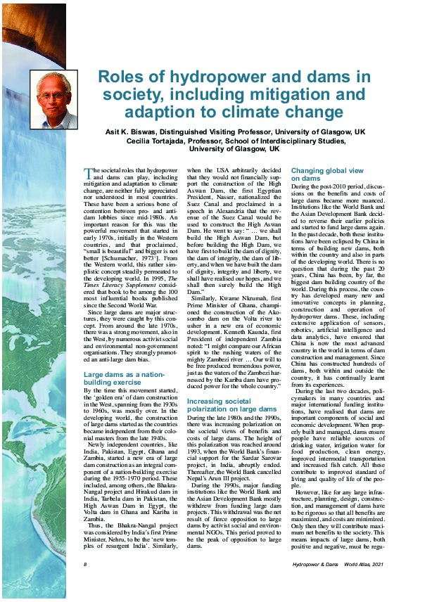 Roles of hydropower and dams in society, including mitigation and adaption to climate change