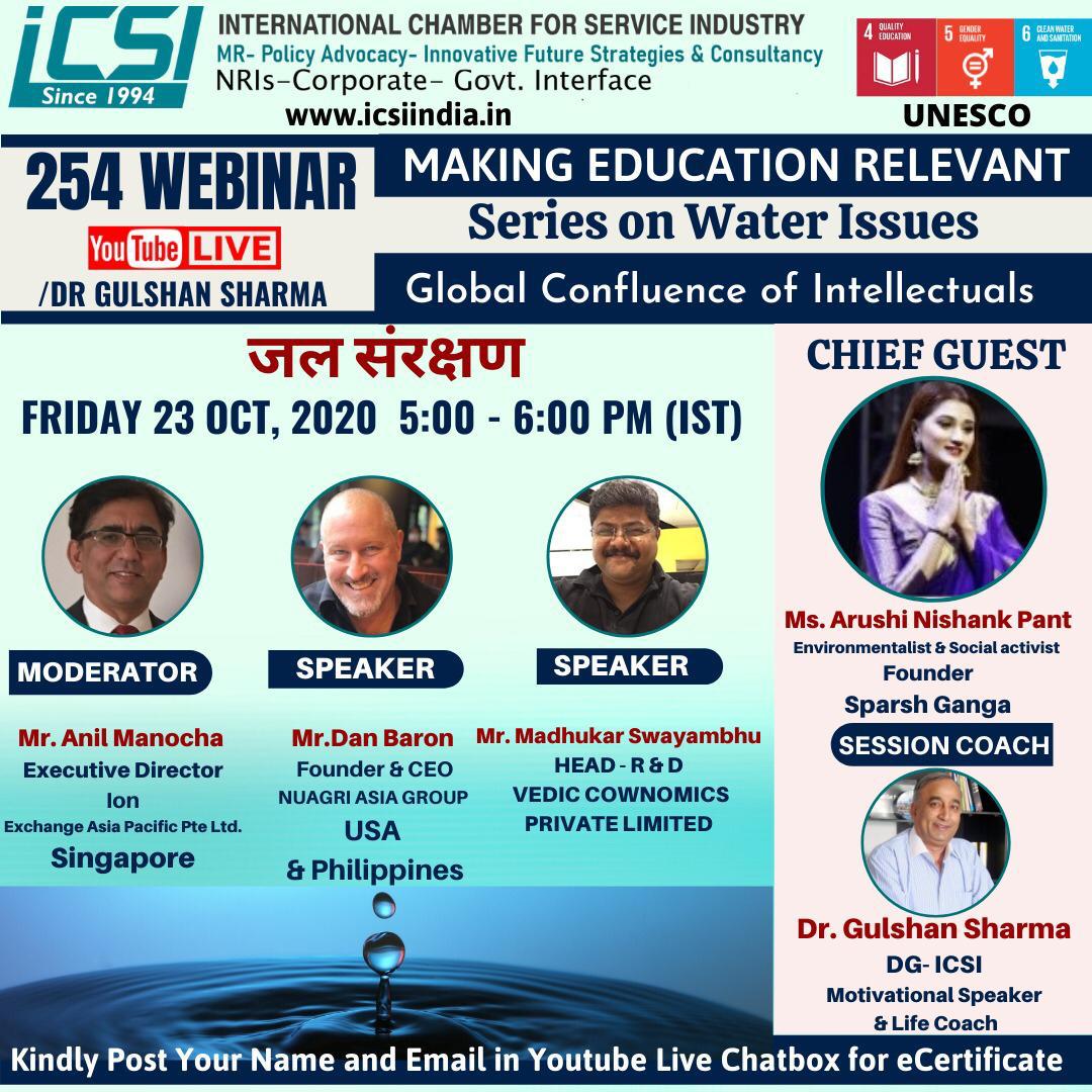 Hearty Welcome to yet another webinar on Zoom FRIDAY, 23 October, 2020 5:00- 6:00 PM (IST)Topic: - Series on Water Issues - ECONOMICS OF ECOLOGY...