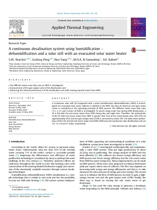 A Continuous Desalination System Using Humidification – Dehumidification and a Solar Still