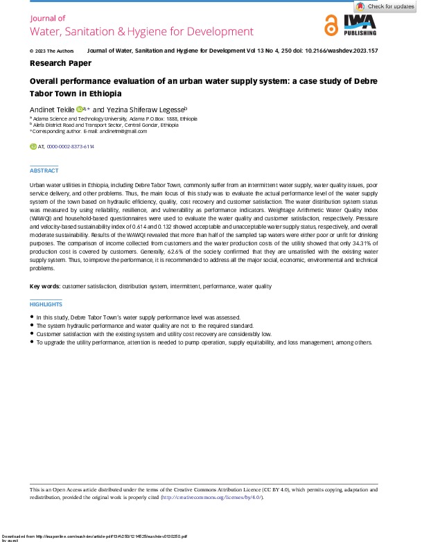 Overall performance evaluation of an urban water supply system