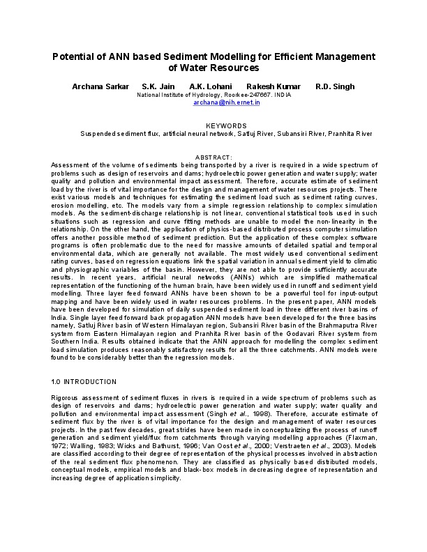 Potential of ANN based Sediment Modelling for Efficient Management of Water Resources