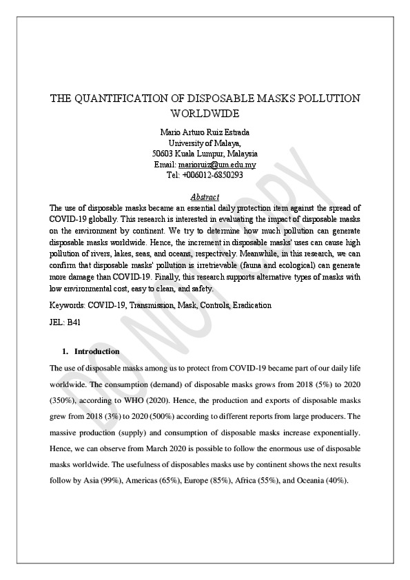 THE QUANTIFICATION OF DISPOSABLE MASKS POLLUTION WORLDWIDE