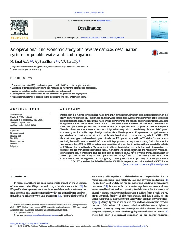 An operational study of a reverse osmosis desalination system for potable water and land irrigation