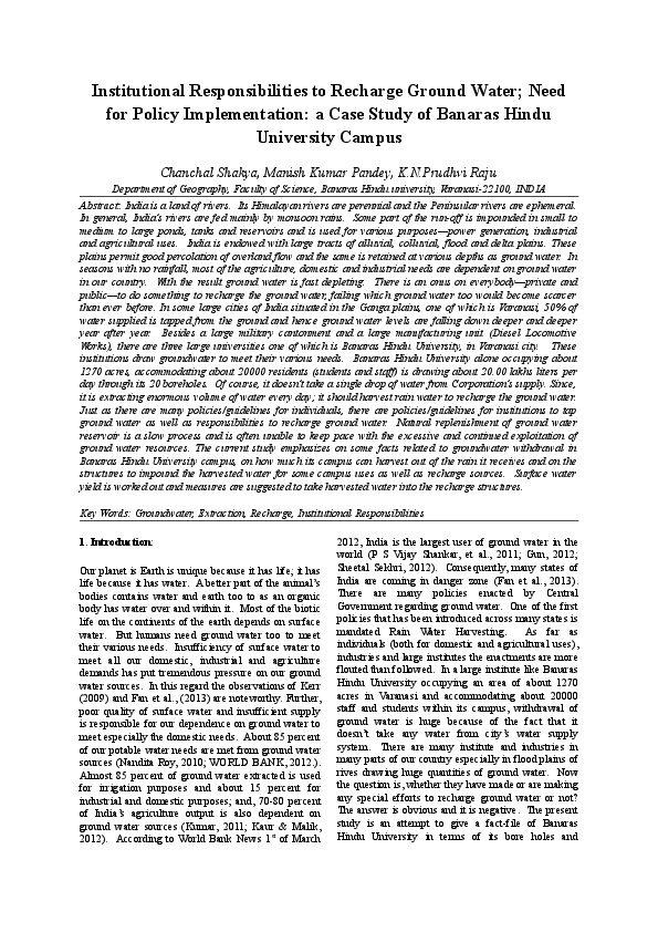 Institutional Responsibilities to Recharge Ground Water; Need for Policy Implementation: a Case Study of Banaras Hindu University Campus