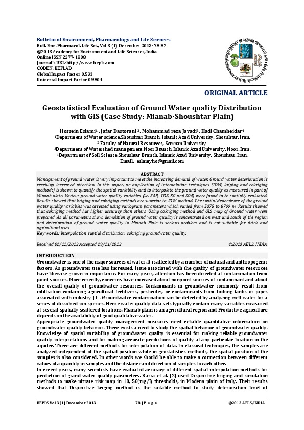 Geostatical Evaluation of Groundwater with GIS 2014 