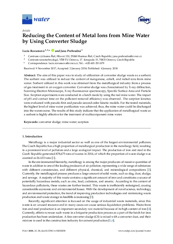 Reducing the Content of Metal Ions from Mine Water by Using Converter Sludge
