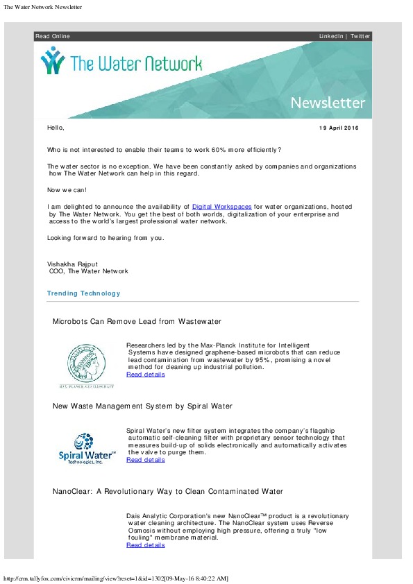 The Water Network Newsletter - 2016-04-19