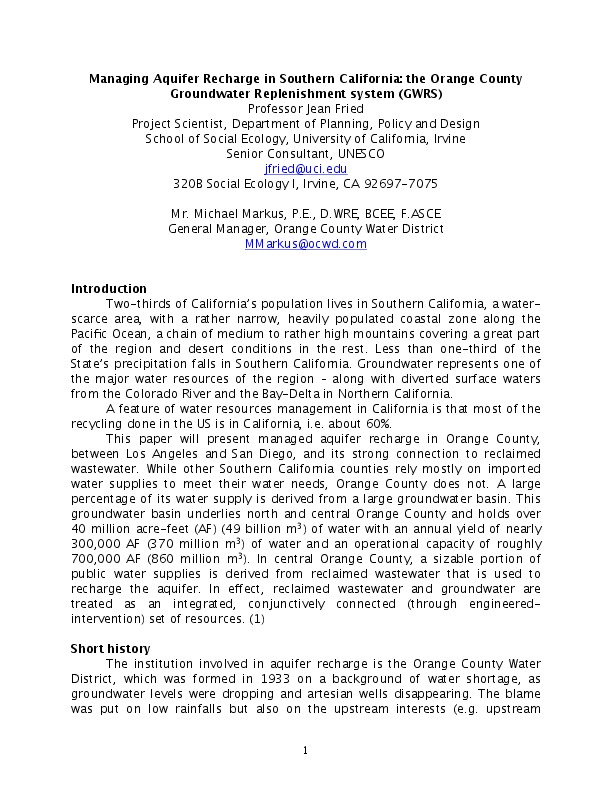 Managing Aquifer Recharge in Southern California: the Orange County Groundwater Replenishment system (GWRS)