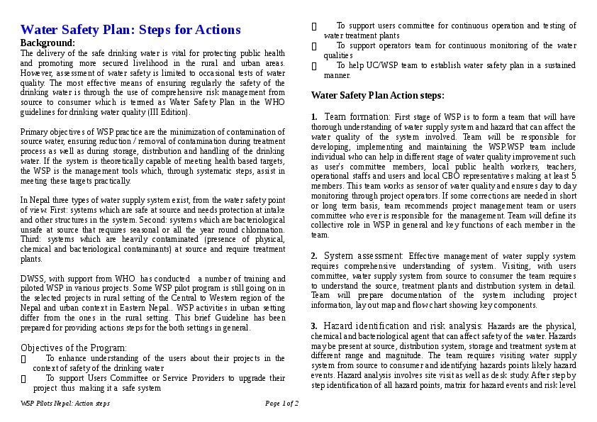 Water Safety Plan: Steps for Actions