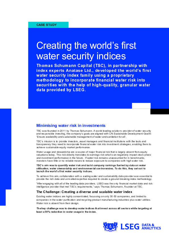 Minimizing Water Risk in Investments - Thomas Schumann Capital is a world-leading solutions provider of water security and responsible investing...