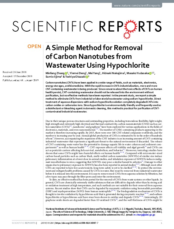 A Simple ​Method for ​Removal of ​Carbon ​Nanotubes from ​Wastewater ​Using ​Hypochlorite ​