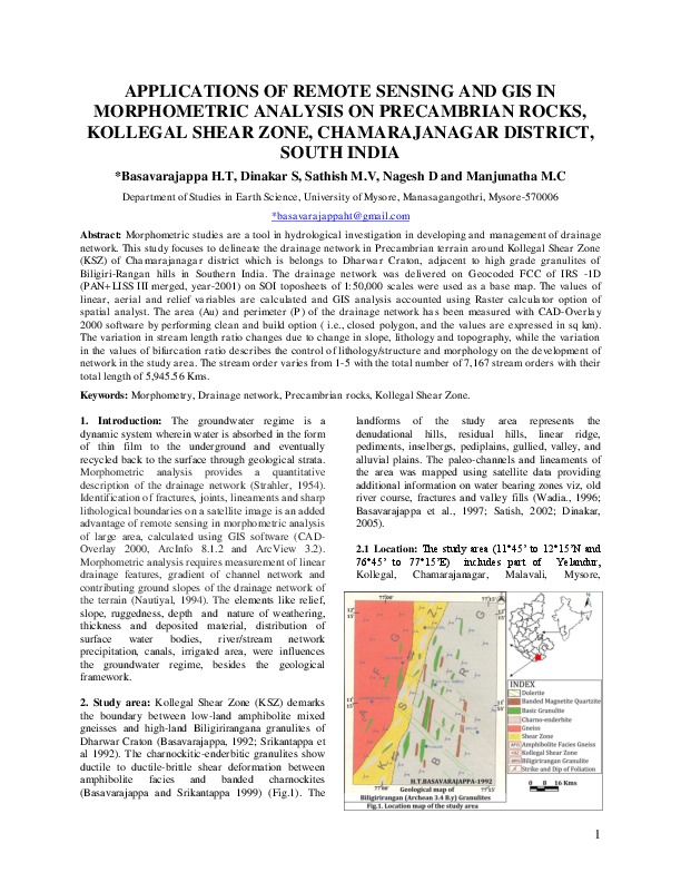 APPLICATIONS OF REMOTE SENSING AND GIS IN MORPHOMETRIC ANALYSIS ON PRECAMBRIAN ROCKS,  KOLLEGAL SHEAR ZONE, CHAMARAJANAGAR DISTRICT, SOUTH INDIA