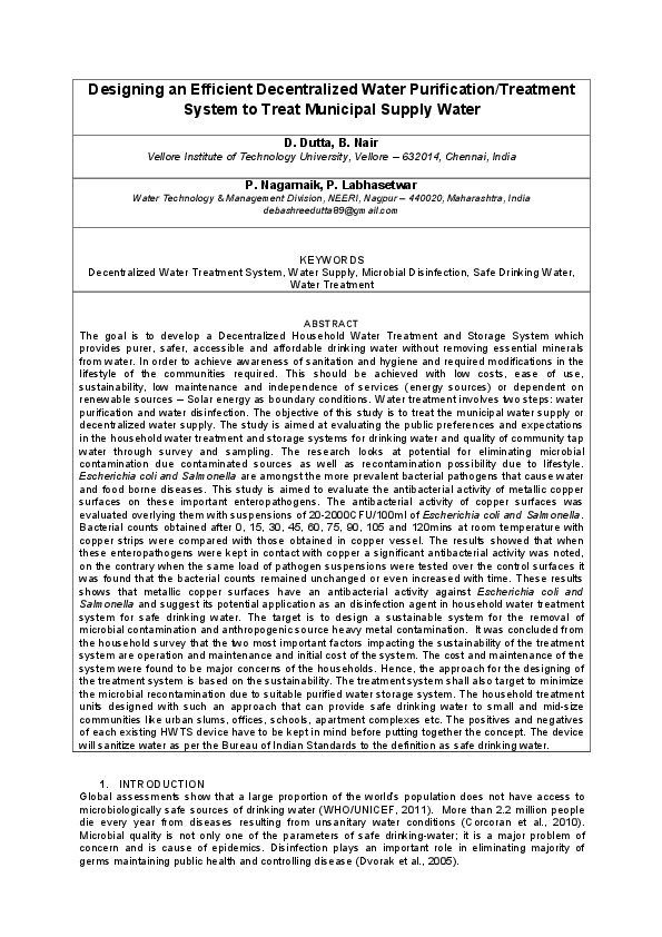 Designing an Efficient Decentralized Water Purification/Treatment System to Treat Municipal Supply Water