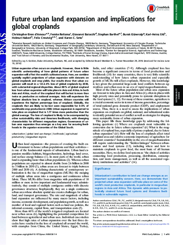 Future Urban Land Expansion and Implications for Global Croplands