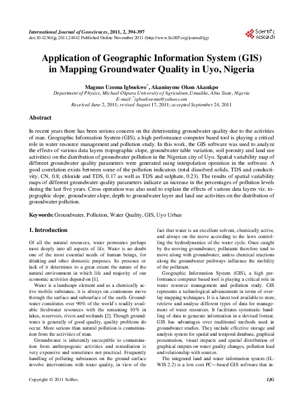 Application of Geographic Information System (GIS) in Mapping Groundwater Quality