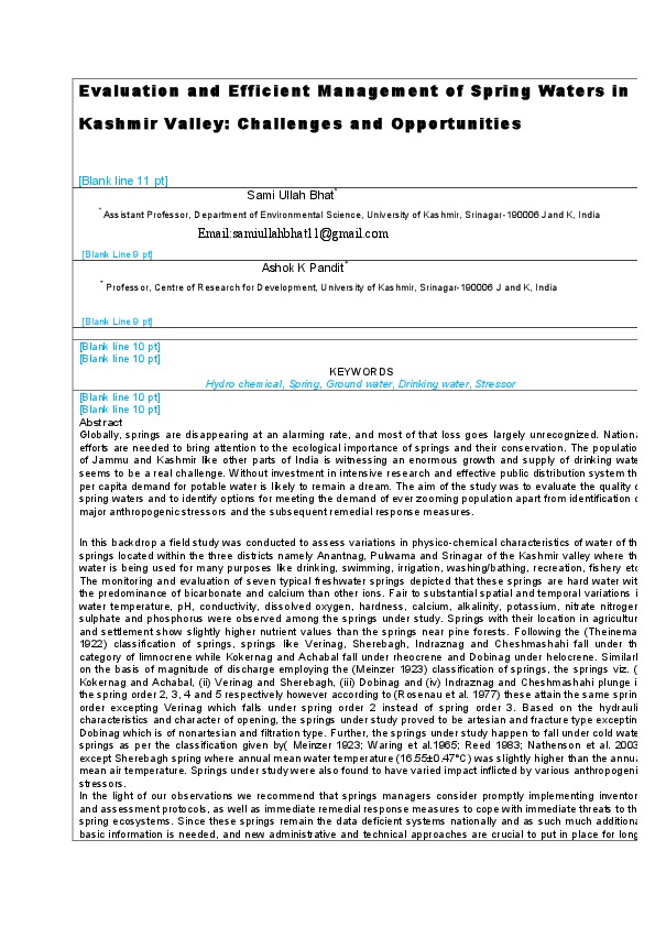 Evaluation and Efficient Management of Spring Waters in Kashmir Valley: Challenges and Opportunities