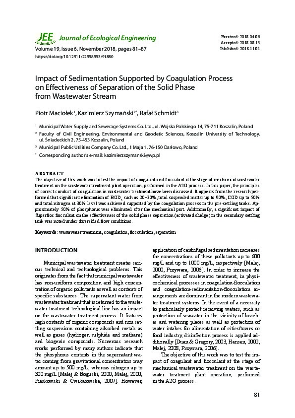 Impact of Sedimentation Supported by Coagulation Process on Effectiveness of Separation