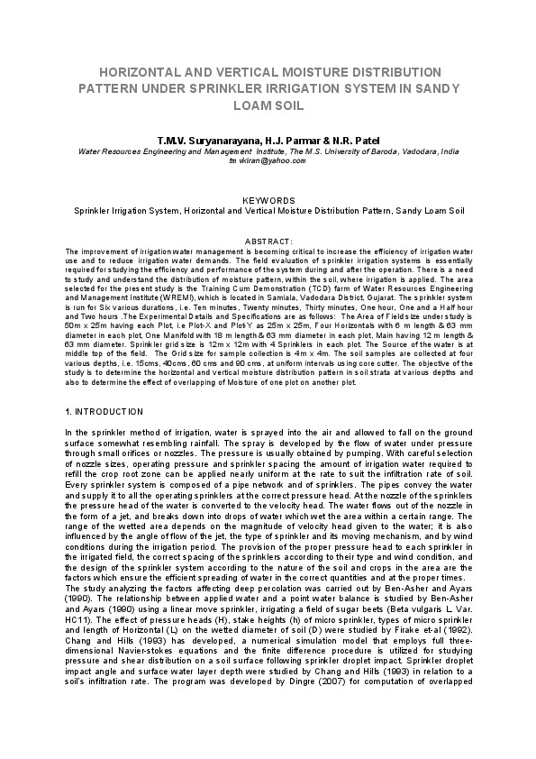 HORIZONTAL AND VERTICAL MOISTURE DISTRIBUTION PATTERN UNDER SPRINKLER IRRIGATION SYSTEM IN SANDY LOAM SOIL