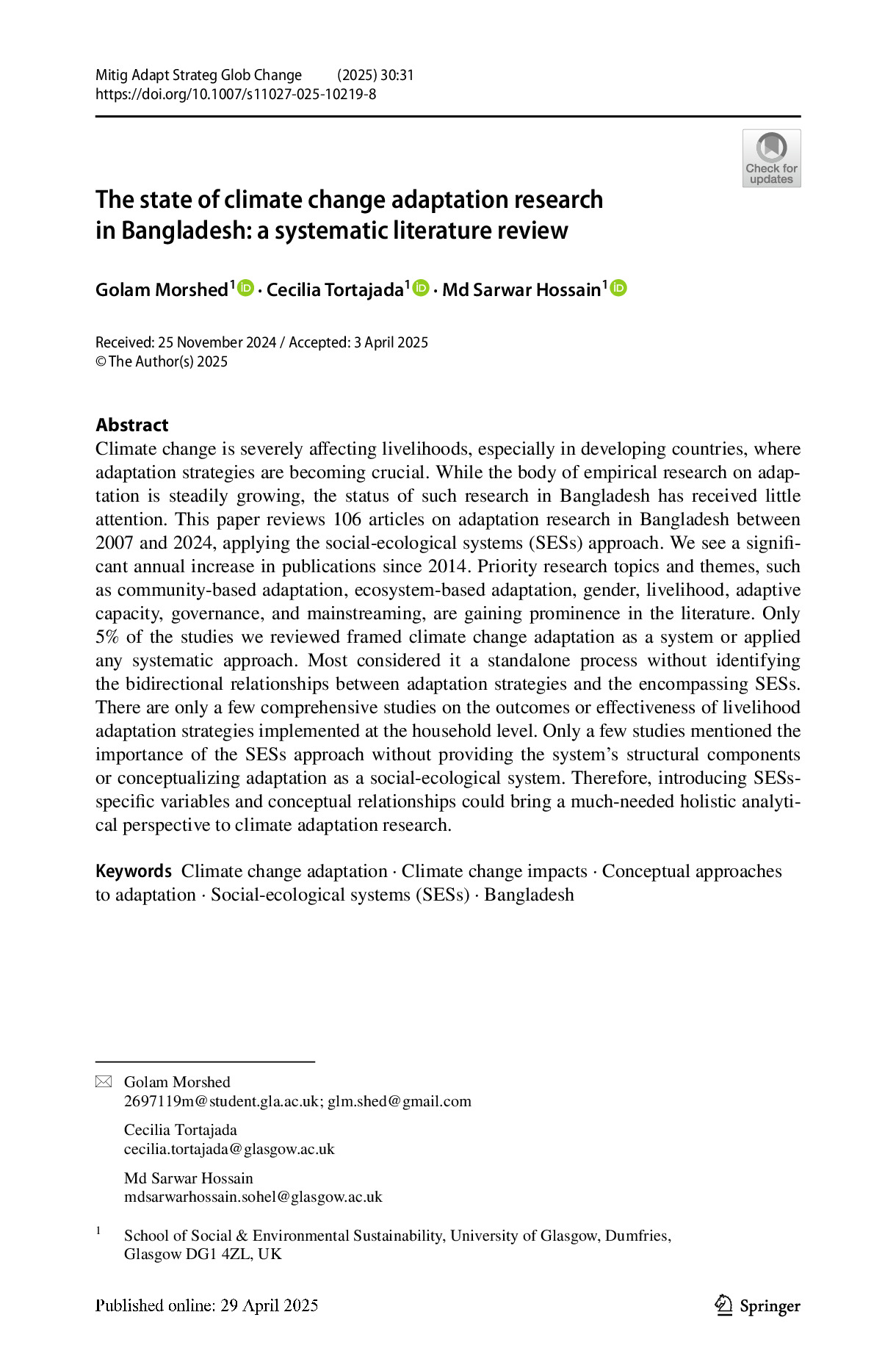 The State of Climate Change Adaptation Research in Bangladesh: A Systematic Literature Review