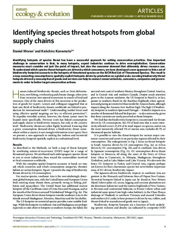 Identifying Species Threat Hotspots From Global Supply Chains