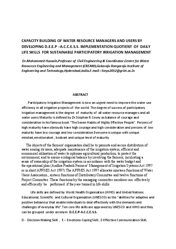 CAPACITY BUILDING OF WATER RESOURCE MANAGERS AND USERS BY DEVELOPING D.E.E.P –A.C.C.E.S.S. IMPLEMENTATION QUOTIENT OF DAILY LIFE SKILLS FOR SUSTAINABLE PARTICIPATORY IRRIGATION MANAGEMENT